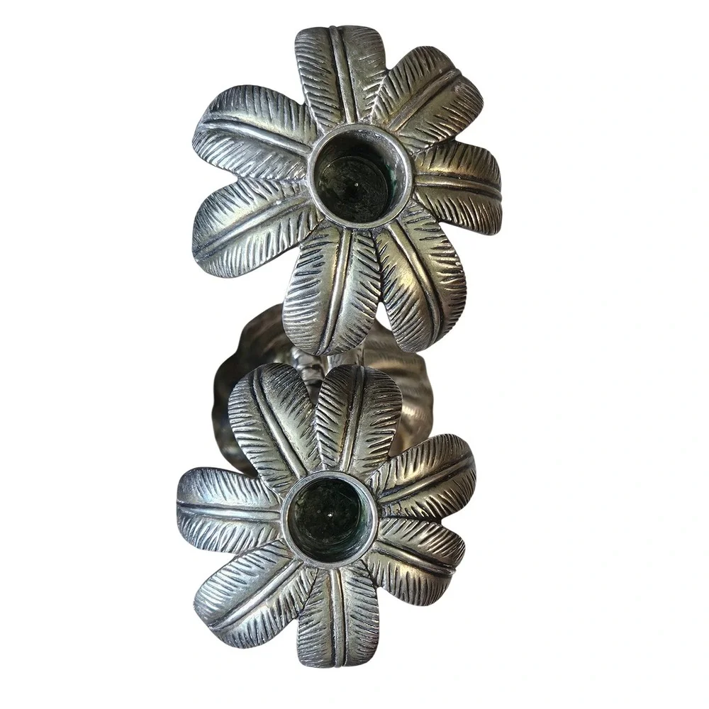 Vintage Silver‑Plated‎ Brass Palm Tree Candlestick Holder Tropical Decor
